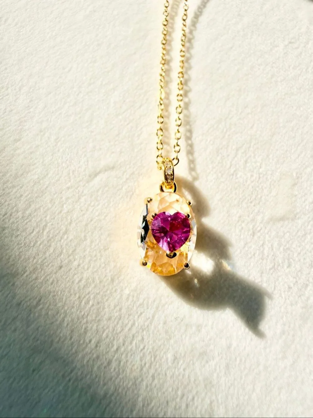 Hot Pink & Clear Cubic Zirconia Oval Pendant Necklace Gold Tone